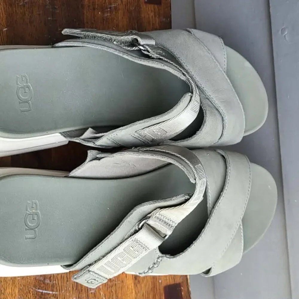 UGG Ashton Slide Gray Green Leather Logo Platform Sandals size 10